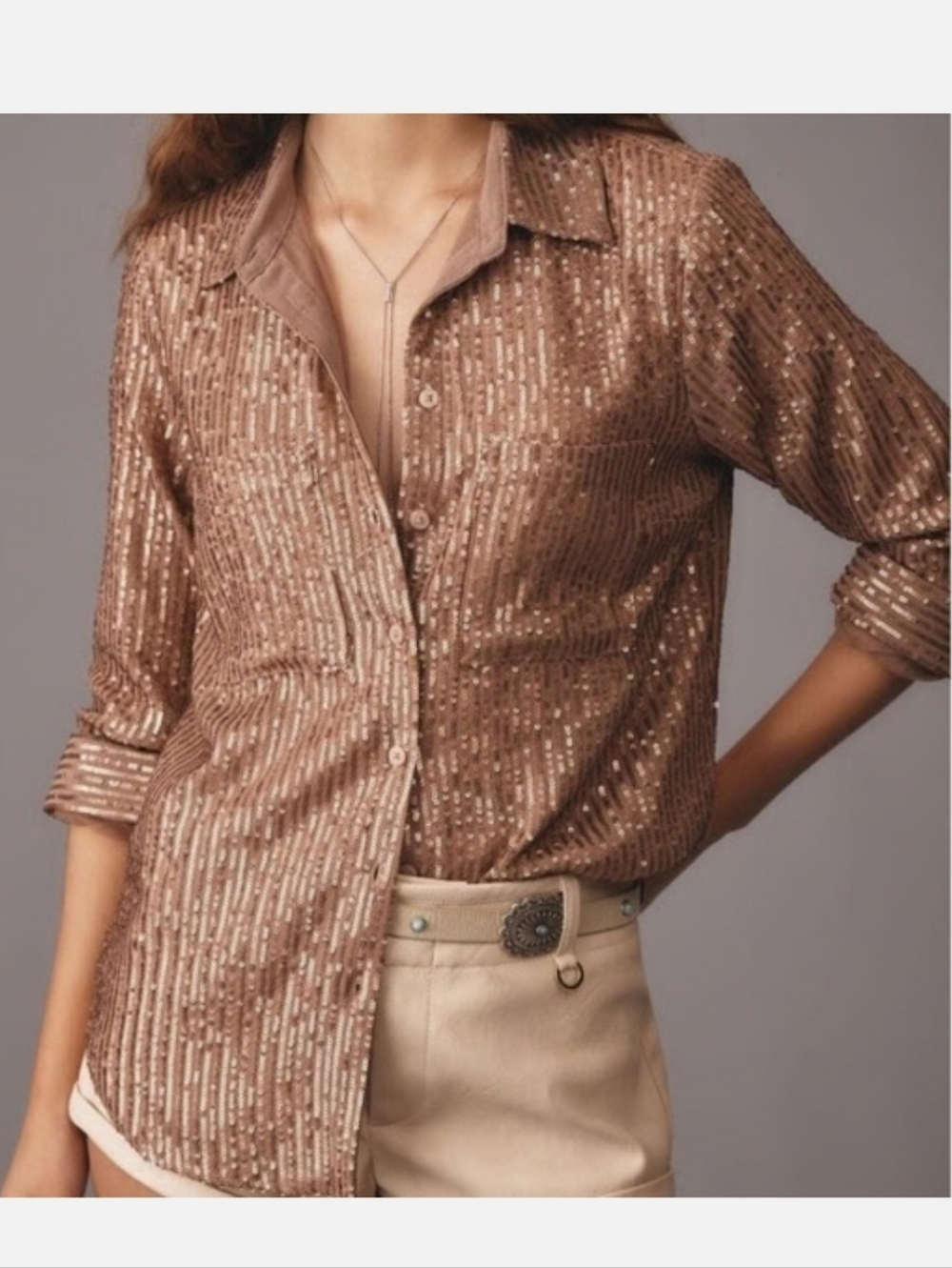 Anthropologie Broze Full Sequin Button Down Collared Blouse Size Medium NWOT